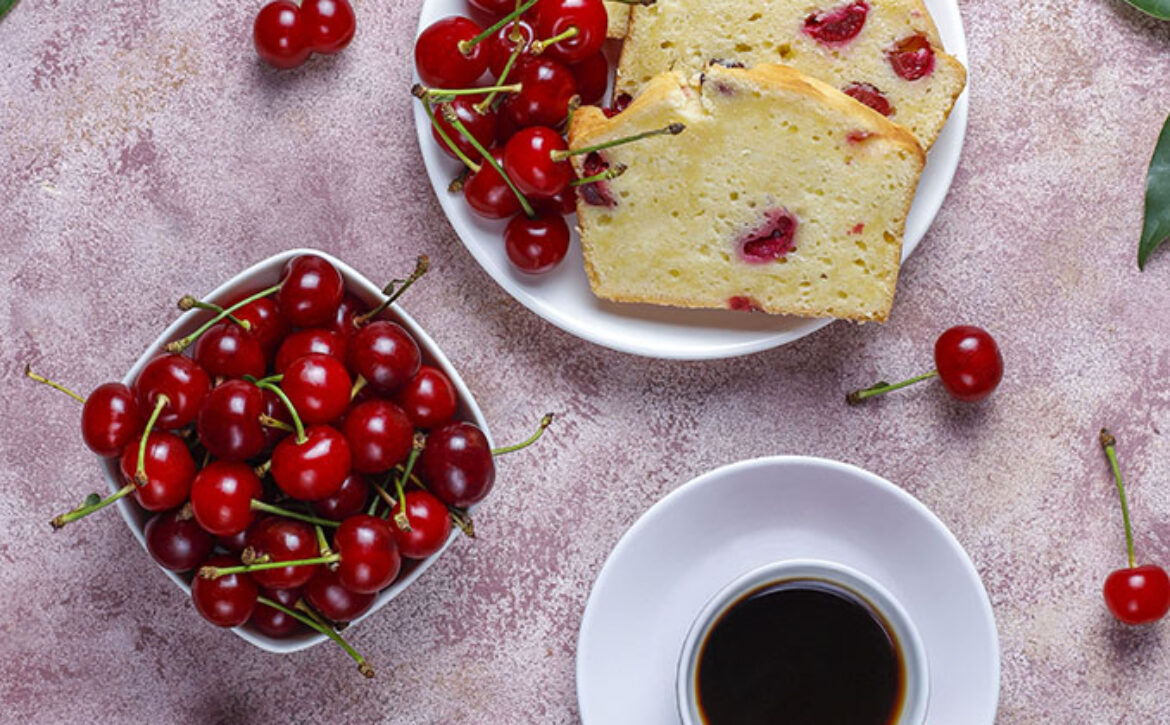 Delicious cherry cake with fresh cherries,top view