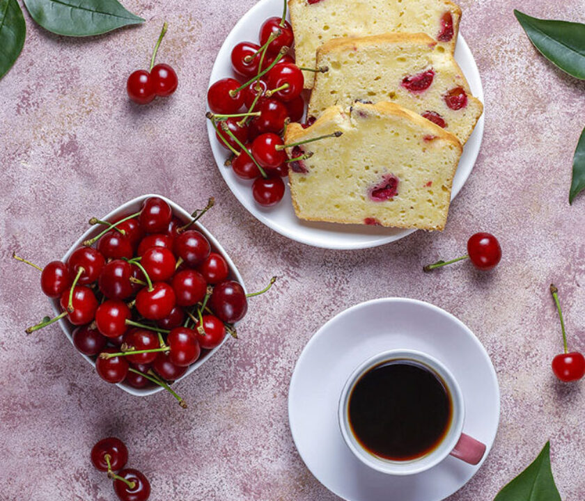 Delicious cherry cake with fresh cherries,top view